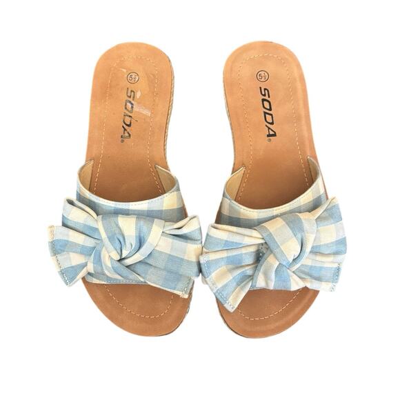 Soda Slide Sandals Blue & Cream Gingham Plaid Bows Size 5.5 Flats - Picture 6 of 7